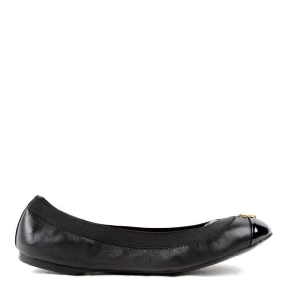 Tory Burch Jolie Ballet Flat Elastic Black Leather Patent Gold - Picture 10 of 11